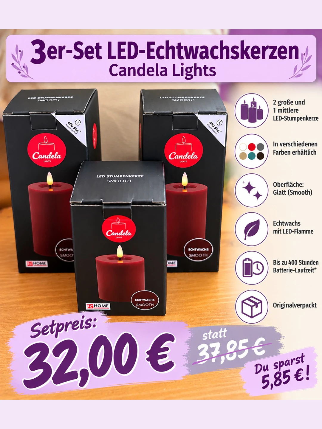 3er-Set LED-Echtwachskerzen von Candela Lights