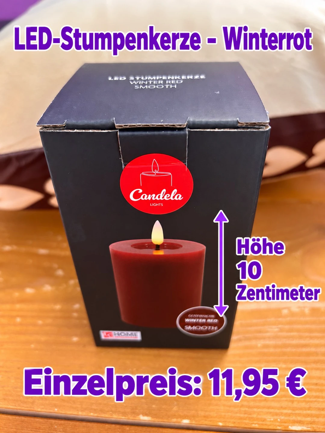 Winterrote LED-Stumpenkerze aus Echtwachs