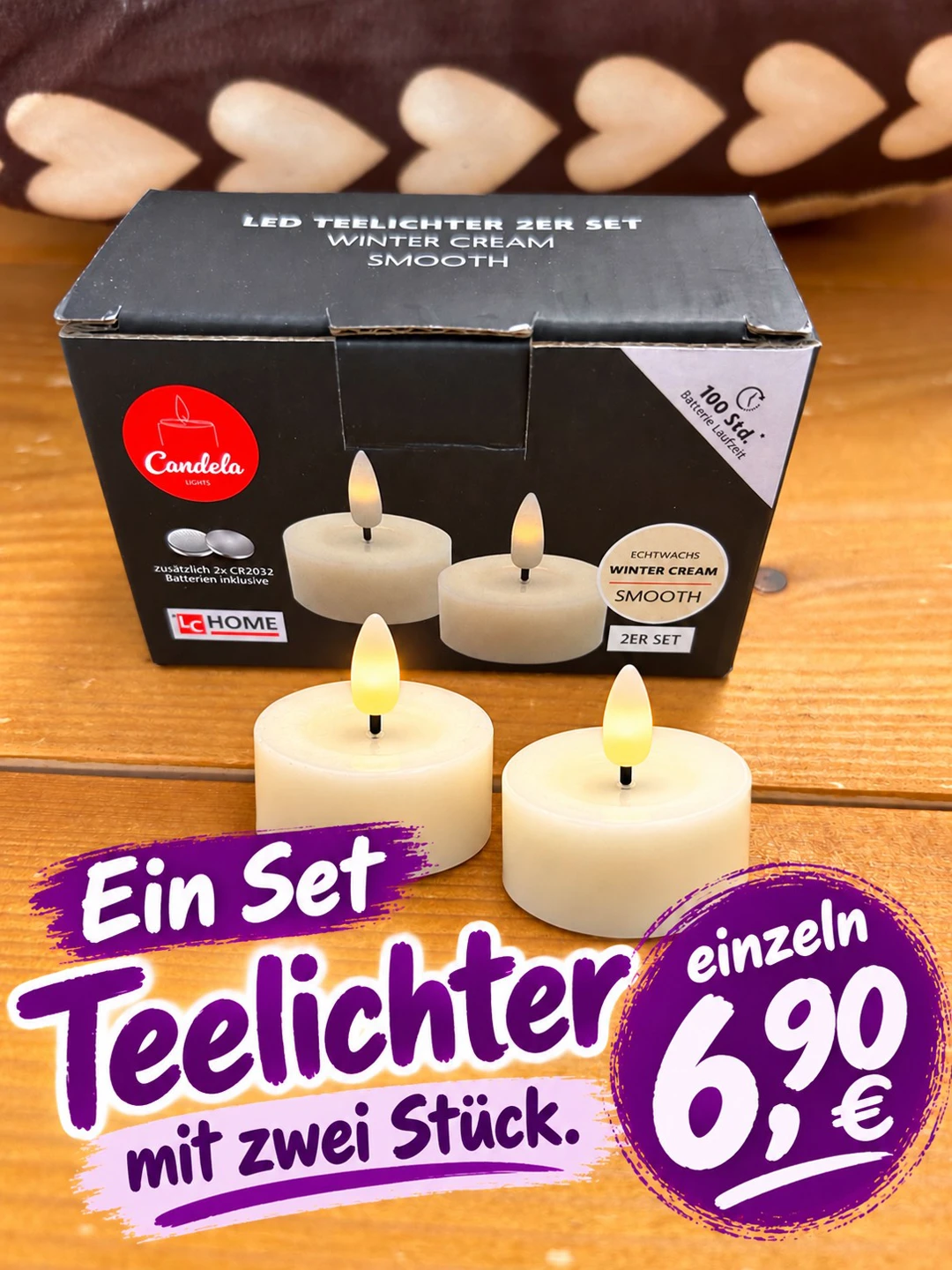 Zwei LED-Teelichter aus Echtwachs